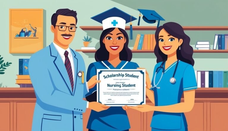Nursing student receiving scholarship certificate with two supporters