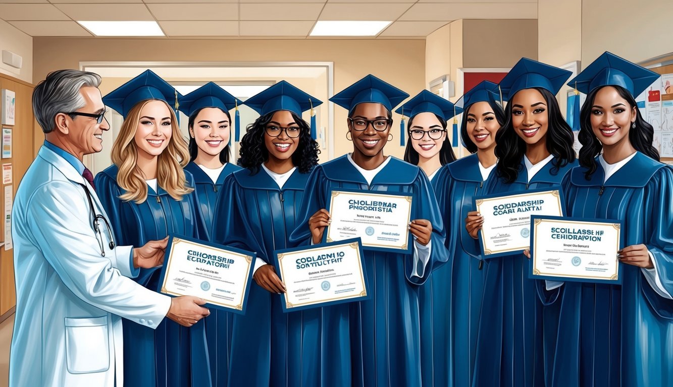 A group of nursing students in graduation gowns receiving scholarship certificates from a hospital administrator