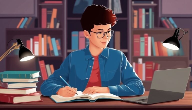 Young man writing in a book at a desk with a laptop and books
