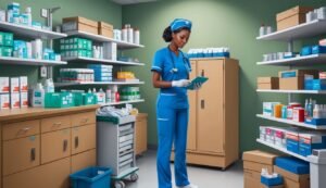 Nurse in blue scrubs looks at a tablet in a pharmacy