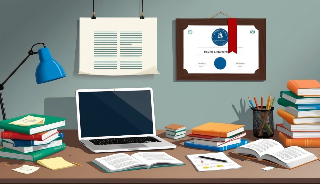 A cluttered desk with open textbooks, a laptop, and notes.</p><p>A diploma hangs on the wall