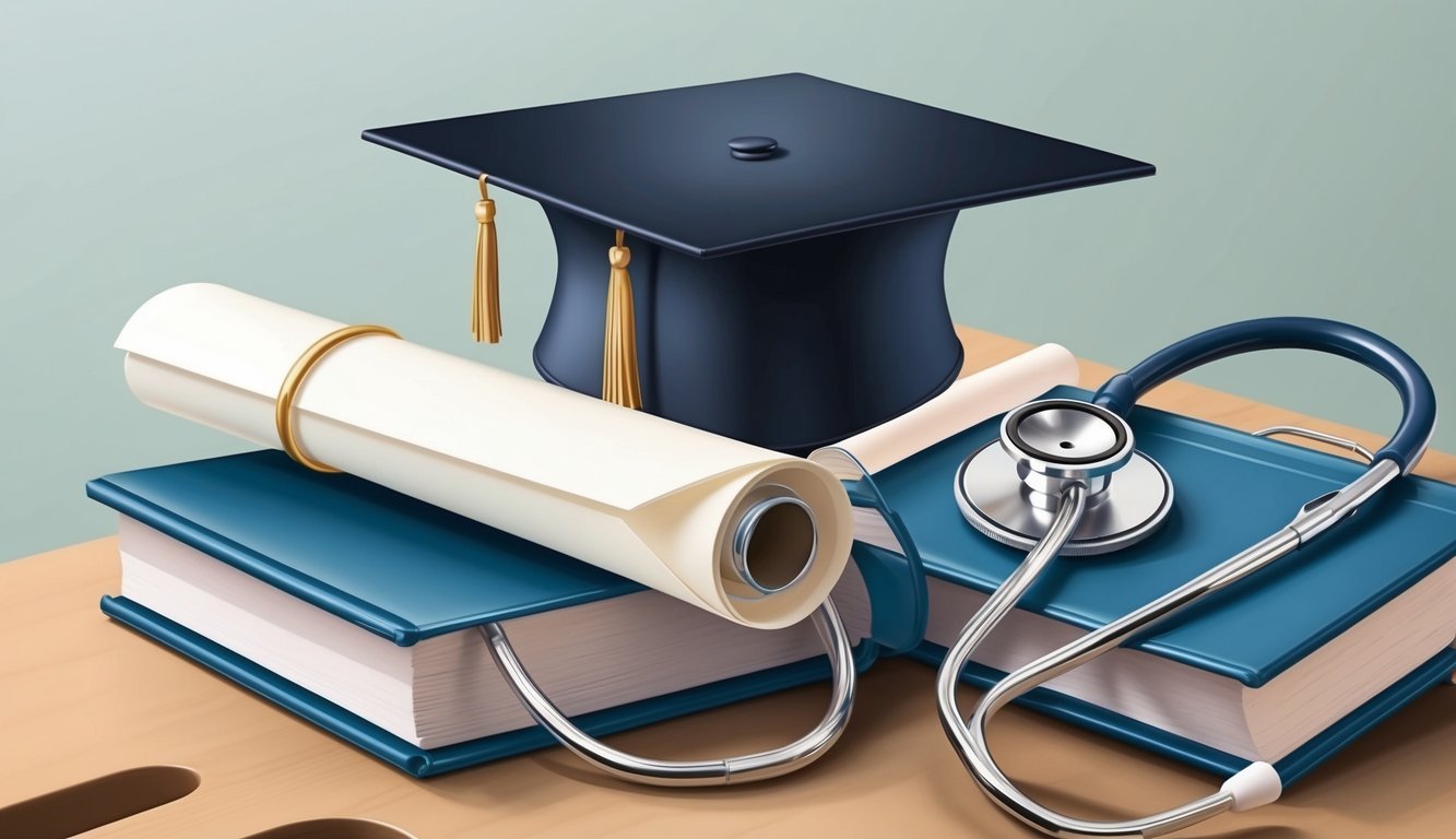 A graduation cap and diploma displayed next to a stethoscope and medical textbooks