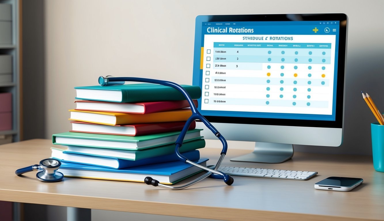 A stack of medical textbooks and a stethoscope on a desk near a computer displaying a schedule of clinical rotations