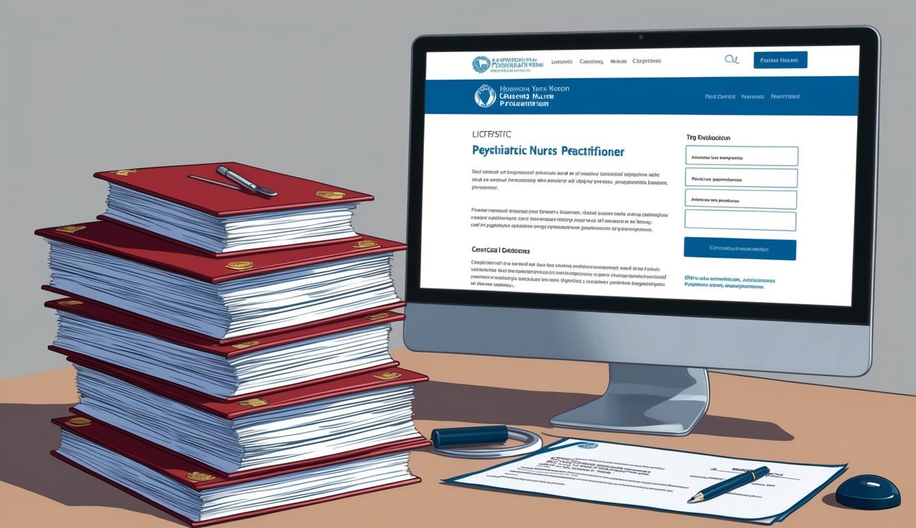 A stack of official documents and certificates, alongside a computer displaying a licensing website for psychiatric nurse practitioners