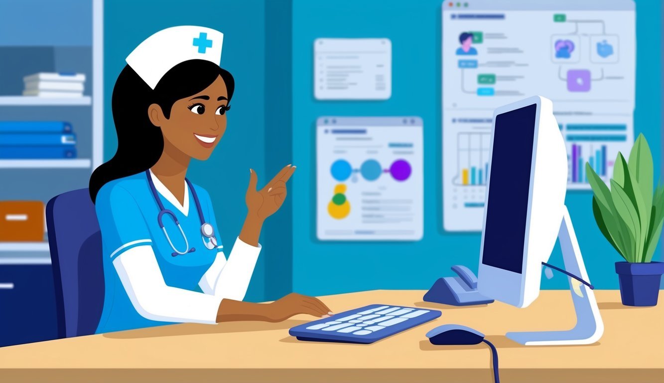 A nurse sitting at a desk with a computer, engaged in a telehealth consultation with a patient.</p><p>Medical equipment and charts are visible in the background