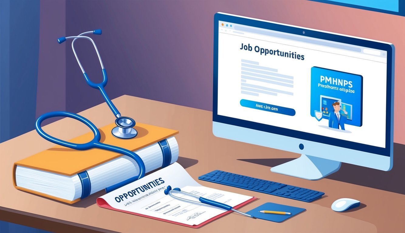A stethoscope and a diploma on a desk, with a computer displaying job opportunities for PMHNPs