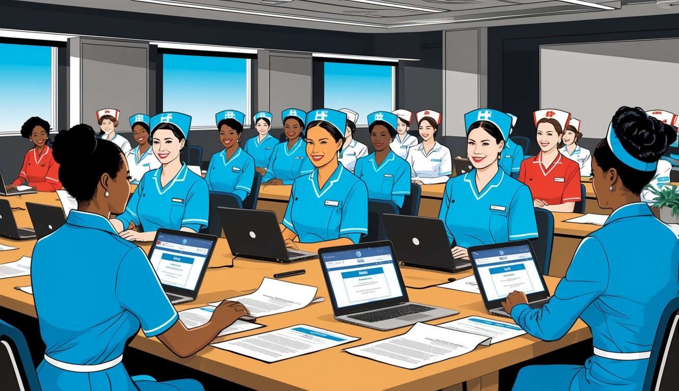 A group of nurses in professional attire attending a certification workshop in a modern conference room.</p><p>Computer screens and paperwork are visible