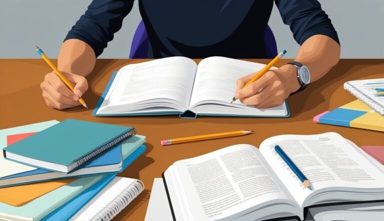Person writing in a book with pencils, surrounded by notebooks and books