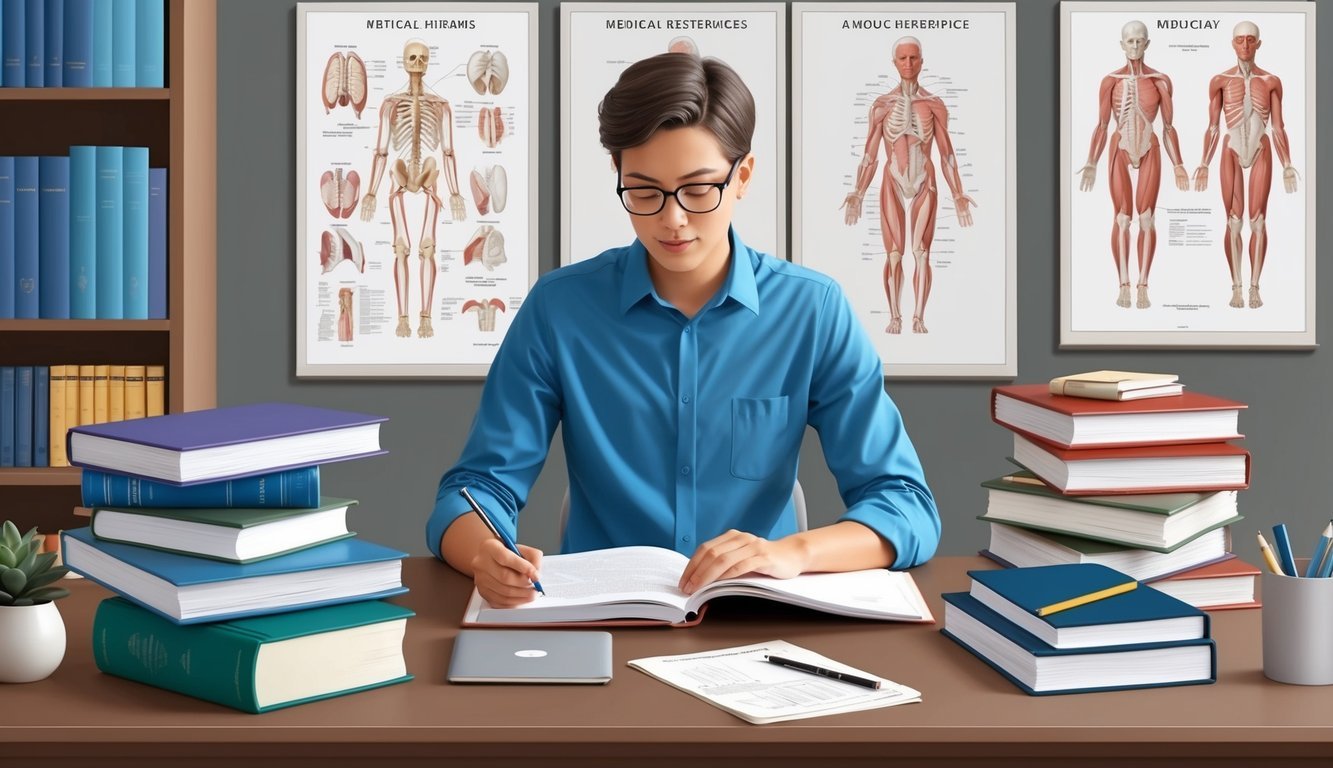 A person studying a textbook on a desk with a laptop and notes, surrounded by medical reference books and anatomy diagrams
