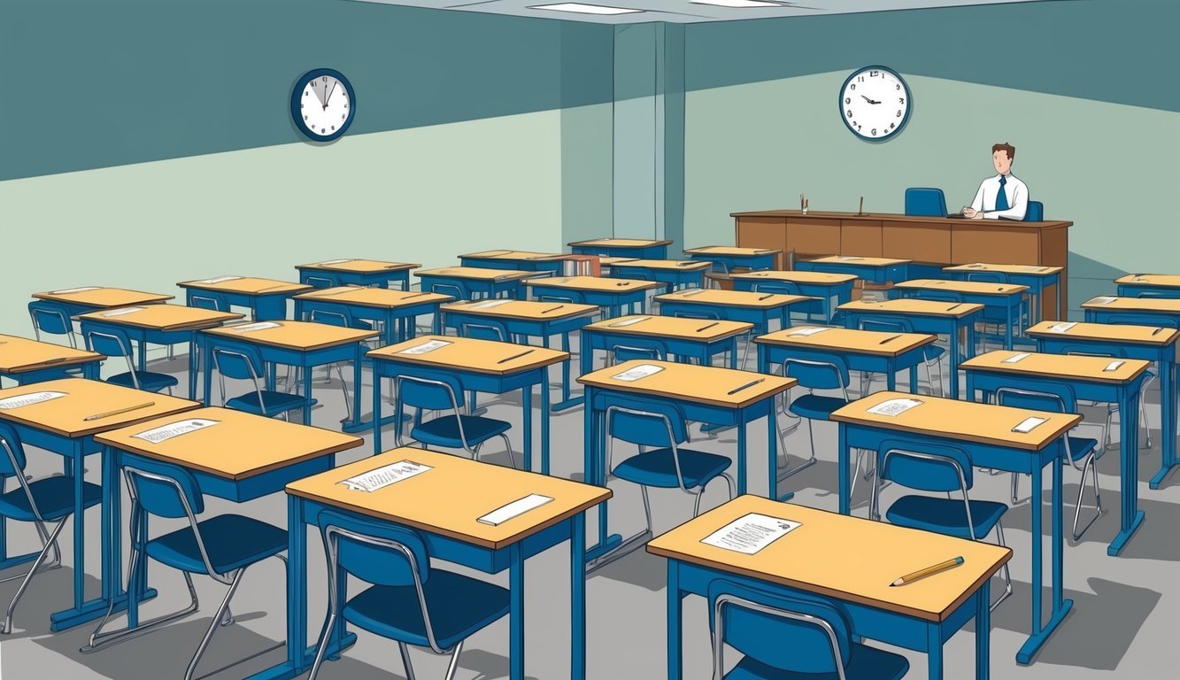 A quiet, organized testing room with rows of desks, pencils, and scratch paper.</p><p>A clock on the wall and a proctor at the front