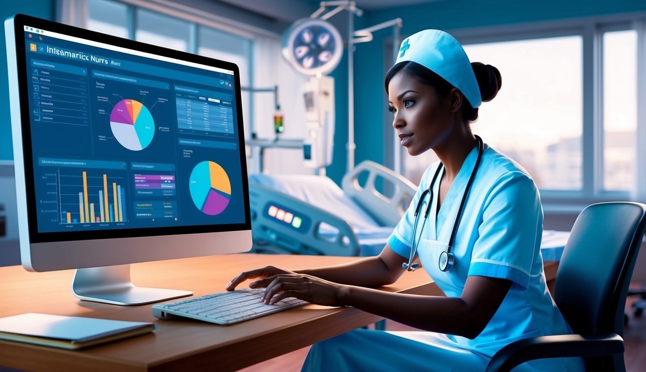 Nurse in scrubs working on a computer with medical data charts