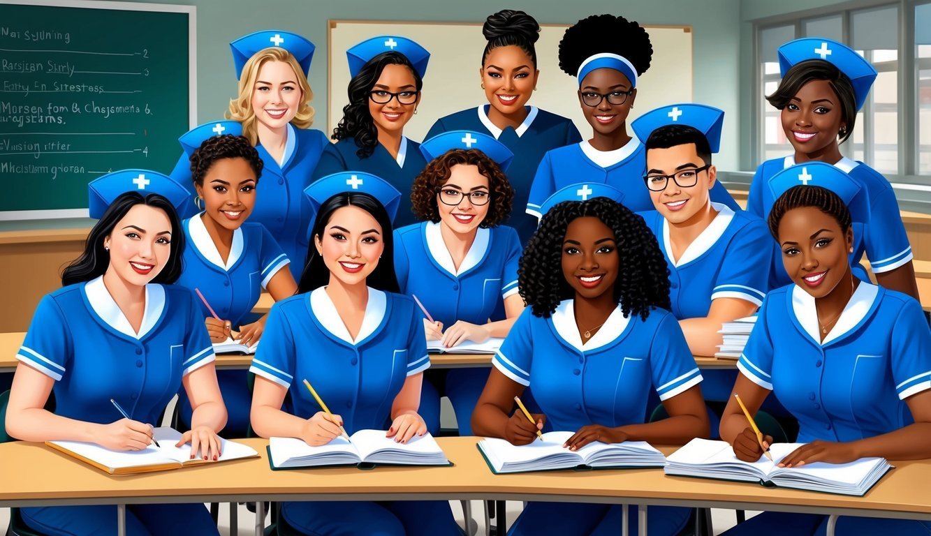 Group of nurses in blue uniforms writing at desks in a classroom