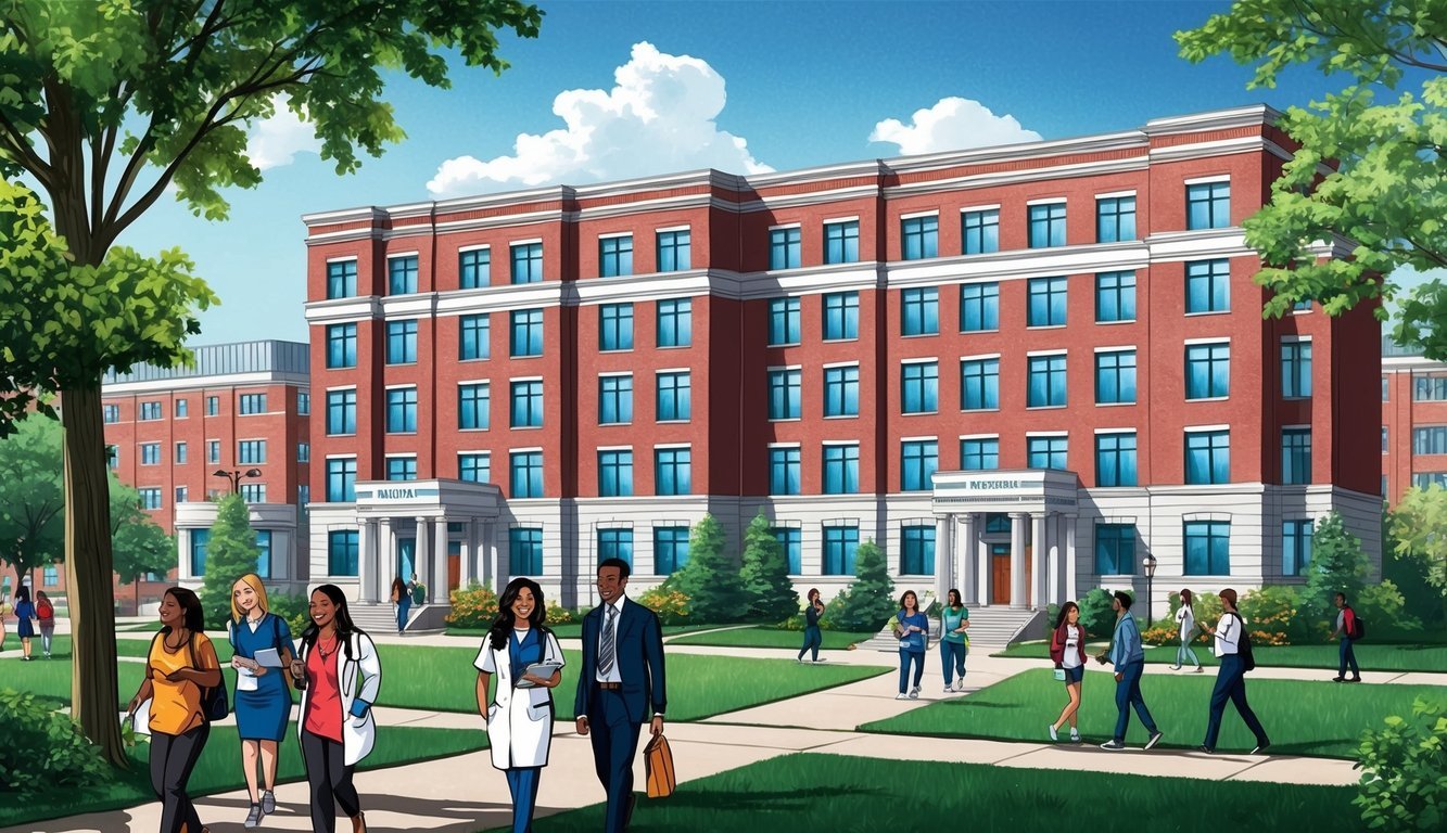 A group of university buildings with nursing programs in Michigan, surrounded by greenery and students walking between classes