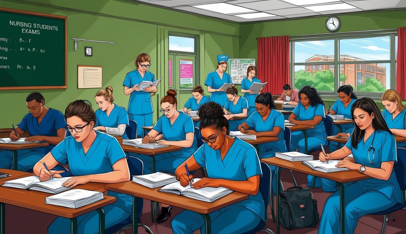 A group of nursing students studying and taking exams in a classroom at a Michigan university