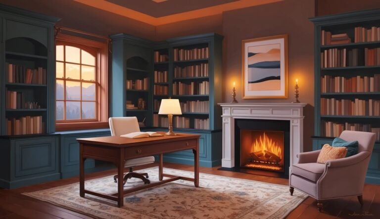 Cozy library with fireplace, desk, bookshelves, and a window with a view