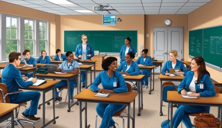 Nursing students in blue scrubs attend a class in a classroom