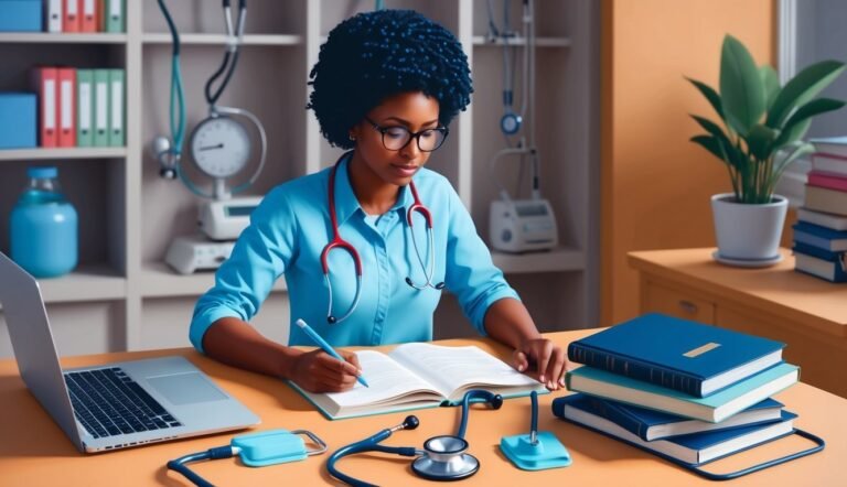 Black female doctor writing in a notebook at a desk with medical equipment