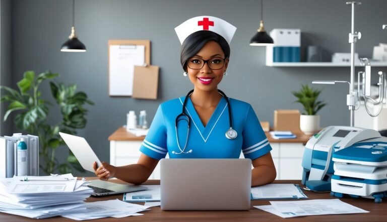 Smiling nurse in blue scrubs and cap, working at a desk with laptop
