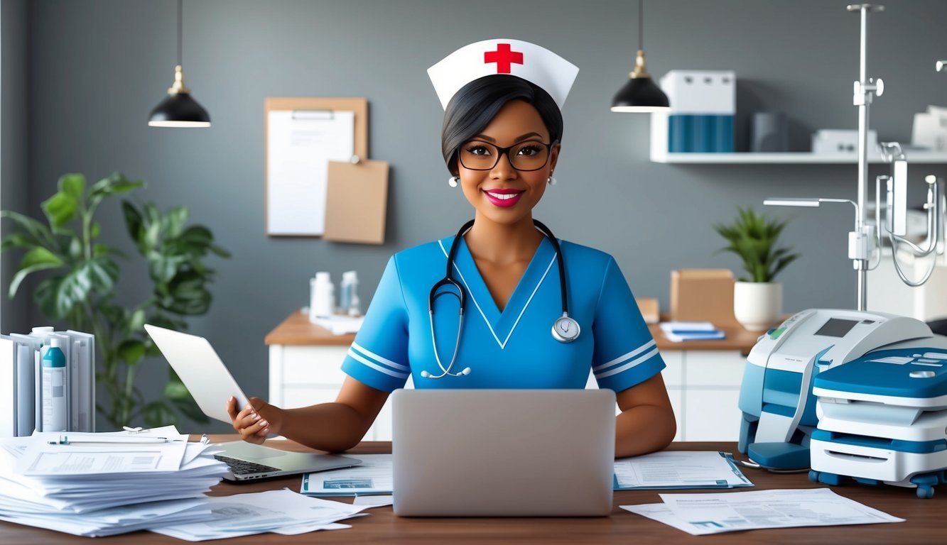 Smiling nurse in blue scrubs and cap, working at a desk with laptop