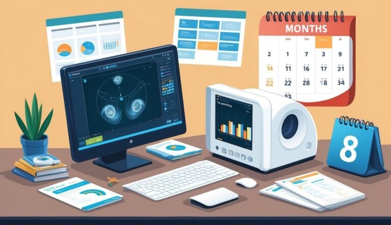 Desk with computer, medical device, calendars, and documents