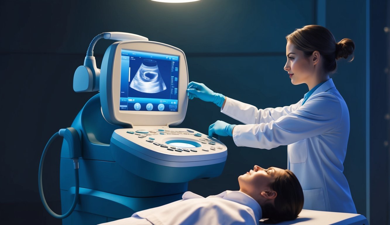 An ultrasound machine in a dimly lit room, with a technician adjusting the settings and preparing to perform a scan on a patient