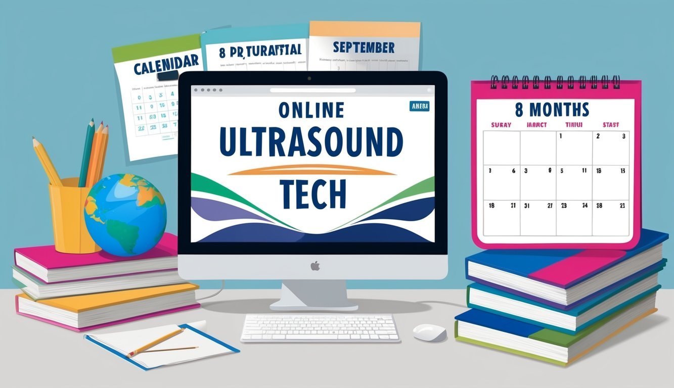 A computer with online ultrasound tech program displayed, surrounded by educational materials and a calendar showing 8 months
