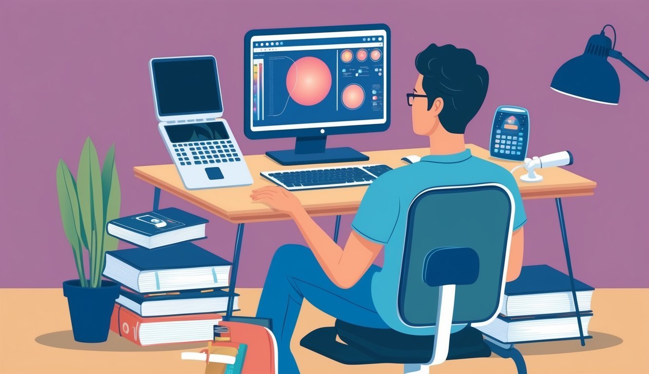 A person sitting at a computer, surrounded by ultrasound equipment and textbooks, studying for an 8-month online ultrasound tech program