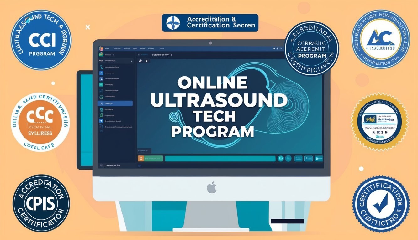 A computer with an online ultrasound tech program displayed on the screen, surrounded by accreditation and certification logos