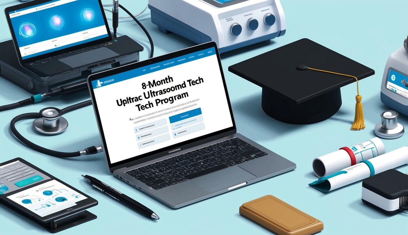 A laptop displaying an 8-month ultrasound tech program website, surrounded by medical equipment and a graduation cap