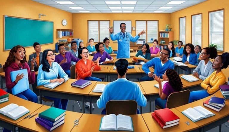 Medical students in a classroom, listening to a doctor in a blue coat