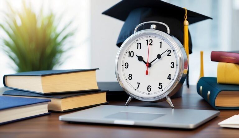 Alarm clock, graduation cap, books, and laptop on a desk
