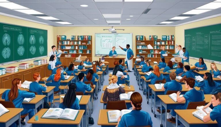 Classroom scene with students, teachers, and a whiteboard with diagrams