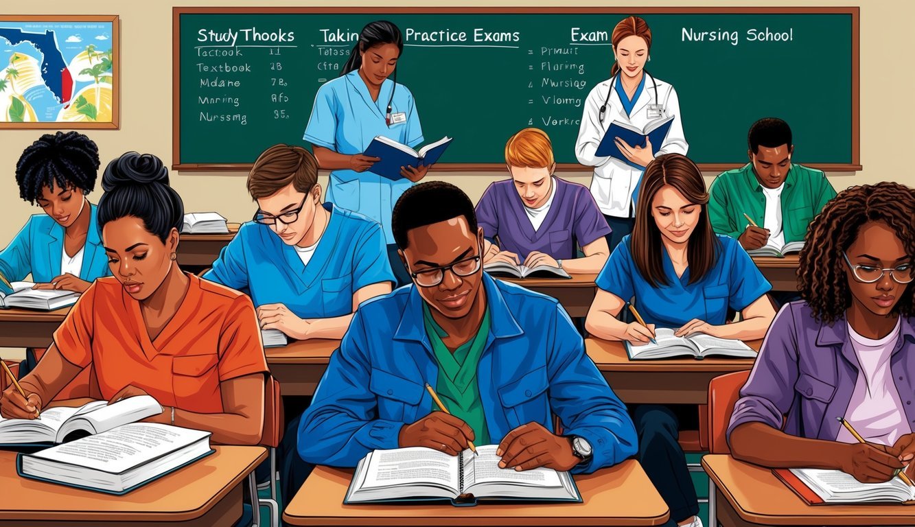 A group of students studying textbooks and taking practice exams in a classroom at a nursing school in Florida