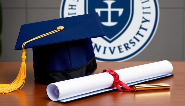 Graduation cap, diploma with red ribbon, and university logo on a desk
