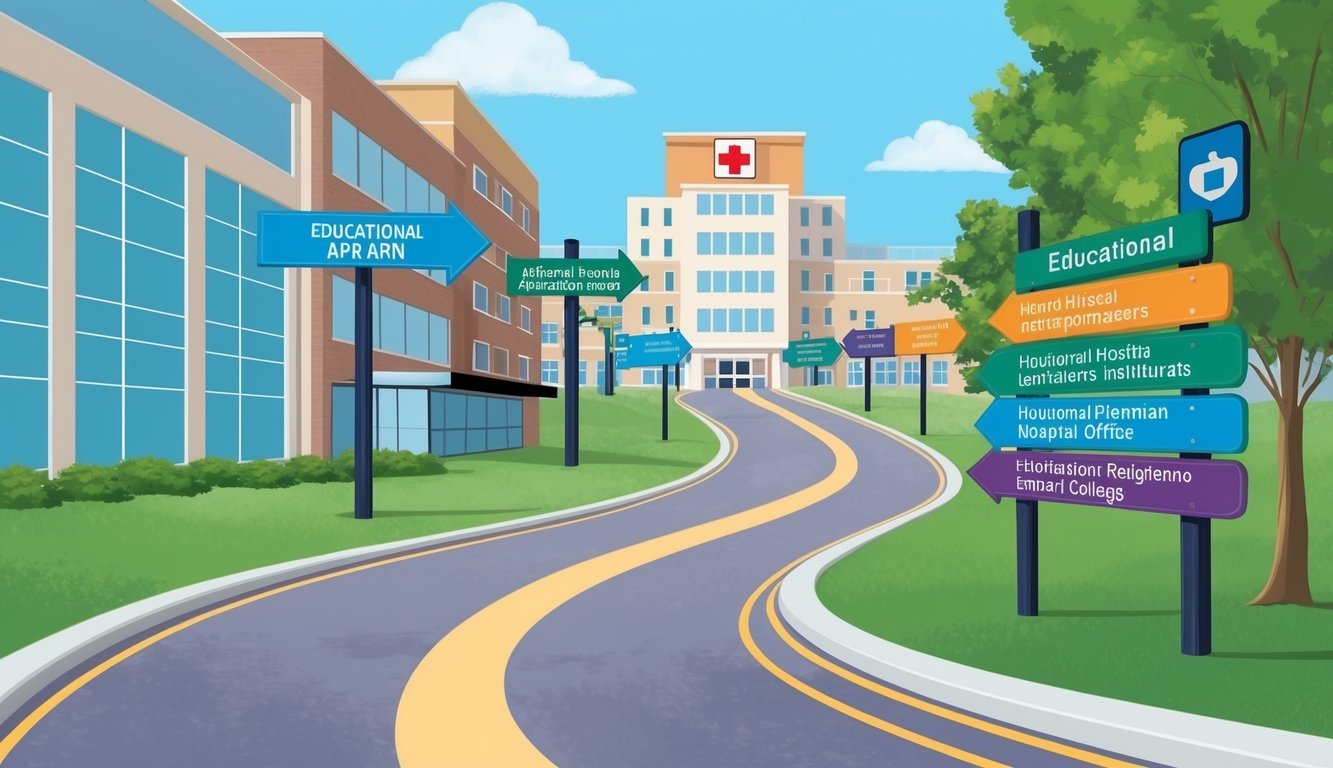 A pathway leading to a hospital, with a signpost showing the different educational routes to becoming an APRN.</p><p>Various educational institutions are depicted along the pathway