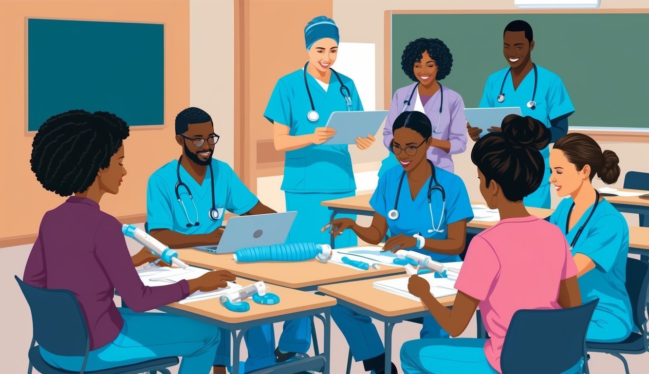 A group of medical professionals in a classroom setting, engaged in hands-on training and practicing advanced skills for becoming an APRN