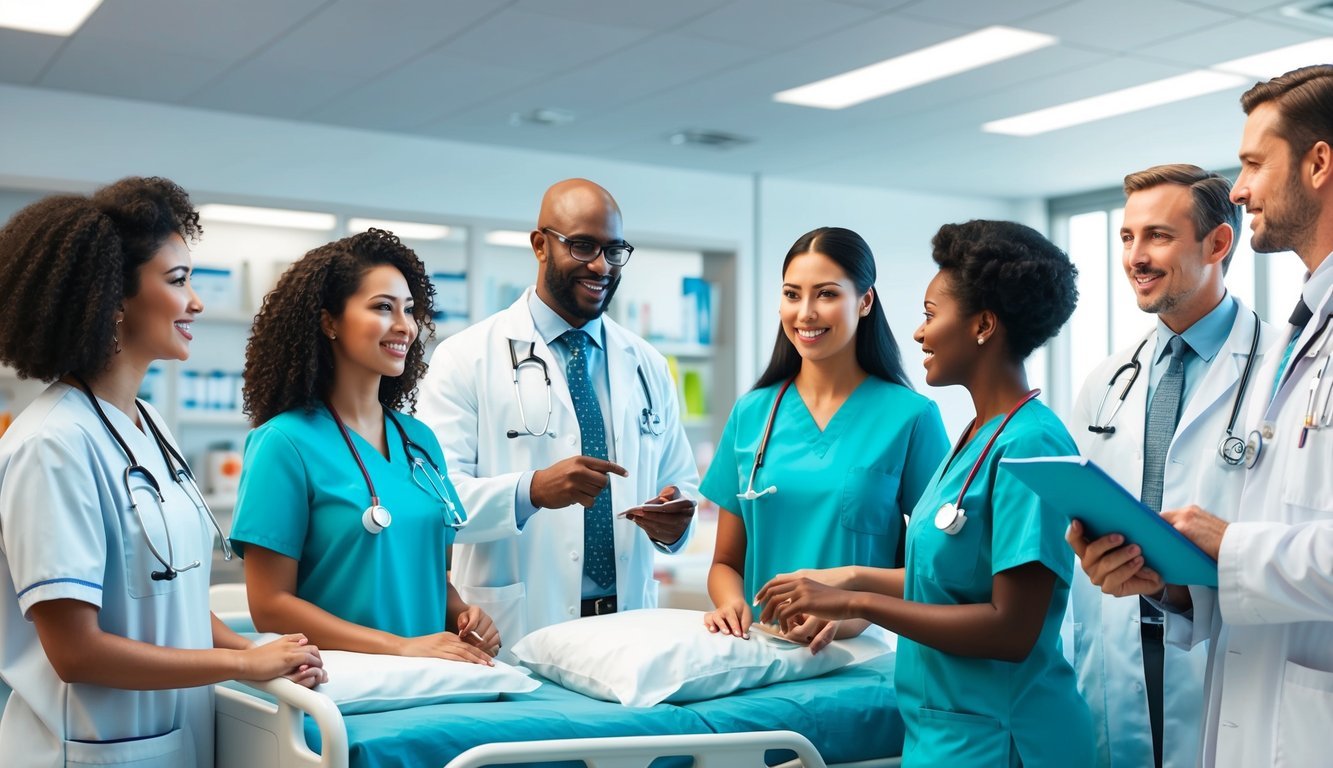 A group of APRNs collaborating with physicians and other healthcare professionals in a hospital setting, discussing patient care and treatment plans