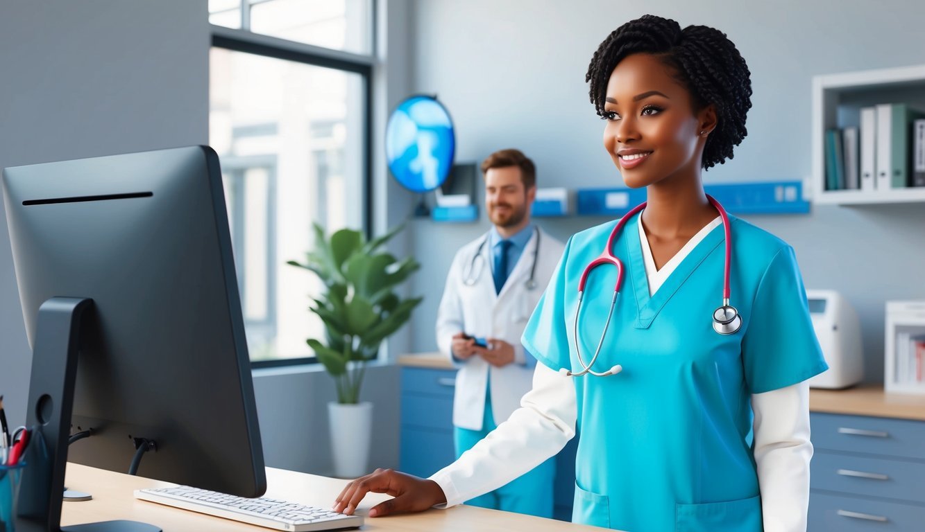 A medical assistant in scrubs and a stethoscope, standing in a modern clinic setting with a computer and medical equipment