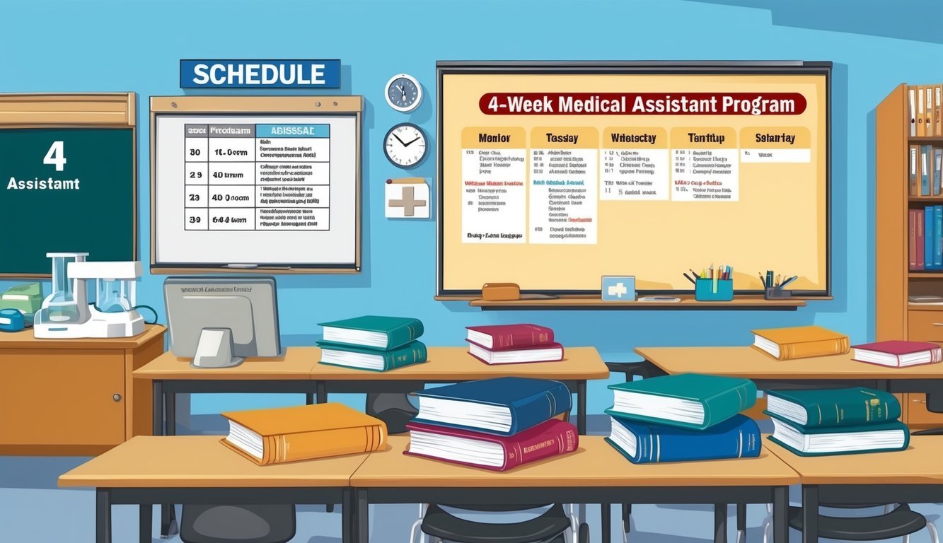 A classroom setting with medical equipment, textbooks, and a whiteboard displaying the schedule for the 4-week medical assistant program