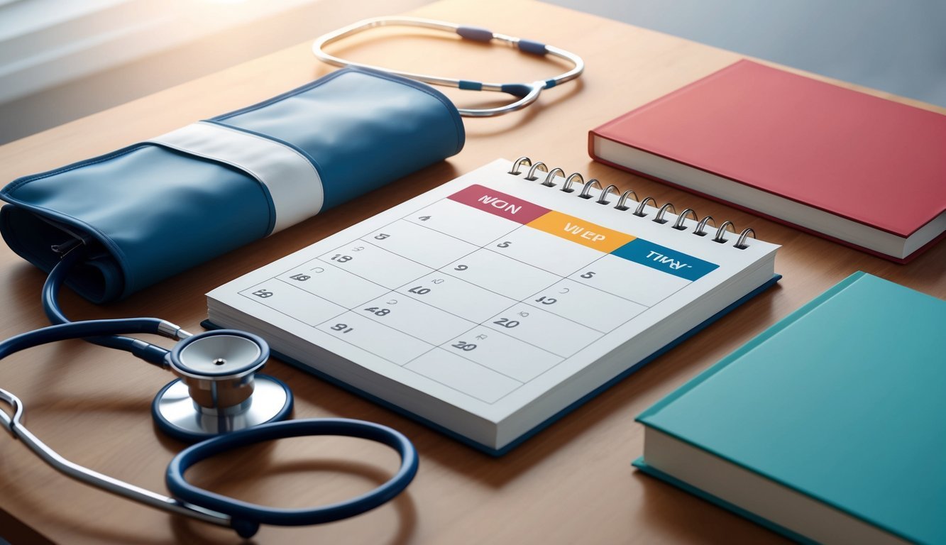 A stethoscope, blood pressure cuff, and medical textbooks on a desk.</p><p>A calendar with 4 weeks highlighted