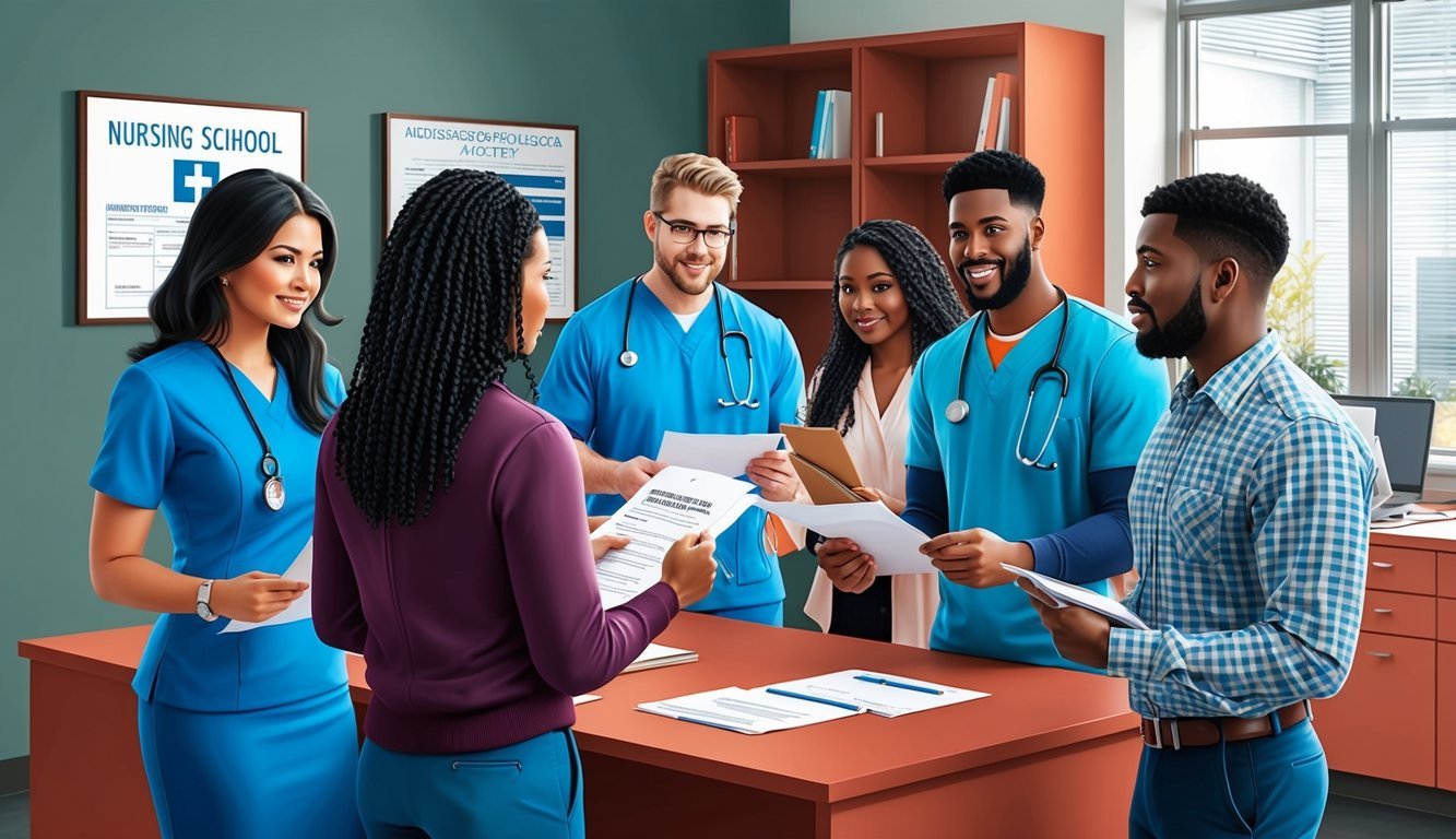 A group of students submitting paperwork and speaking with faculty in a nursing school admissions office