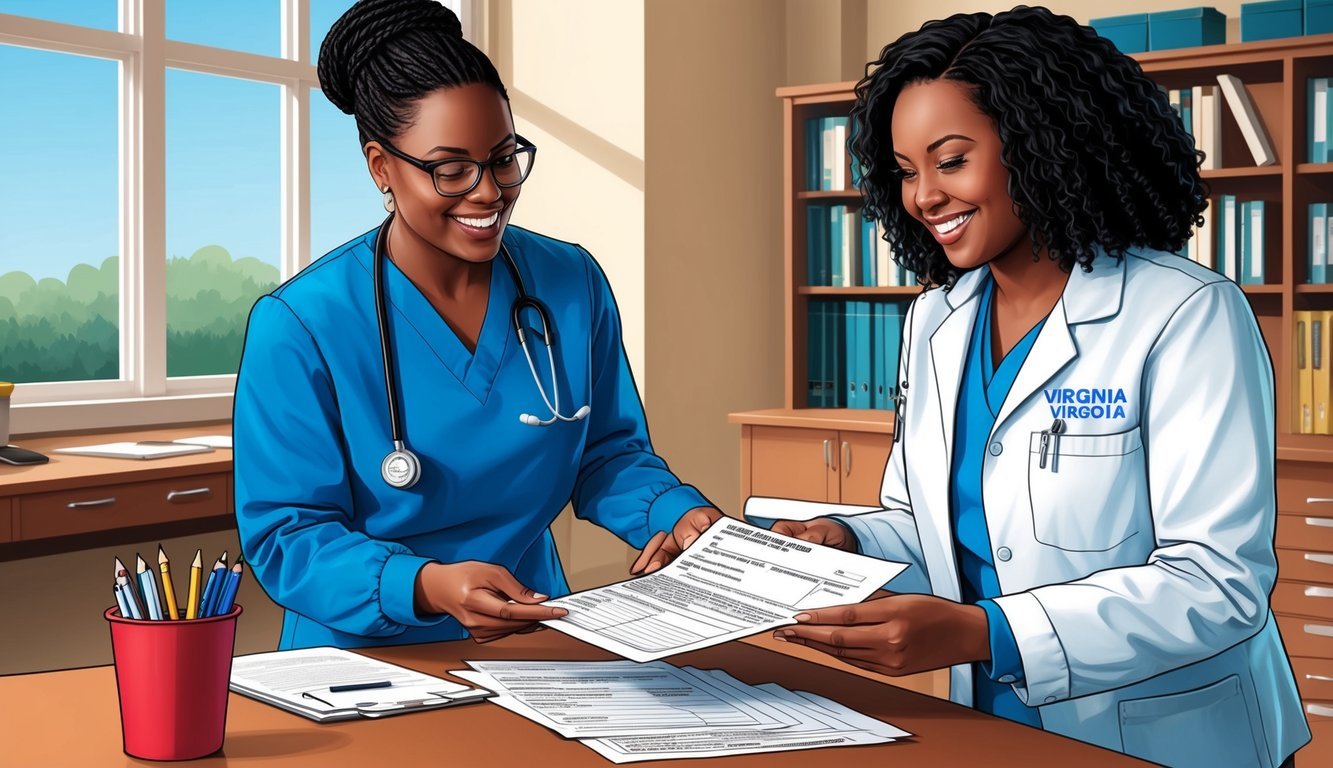 A nursing student receives financial aid paperwork at a desk in a Virginia school