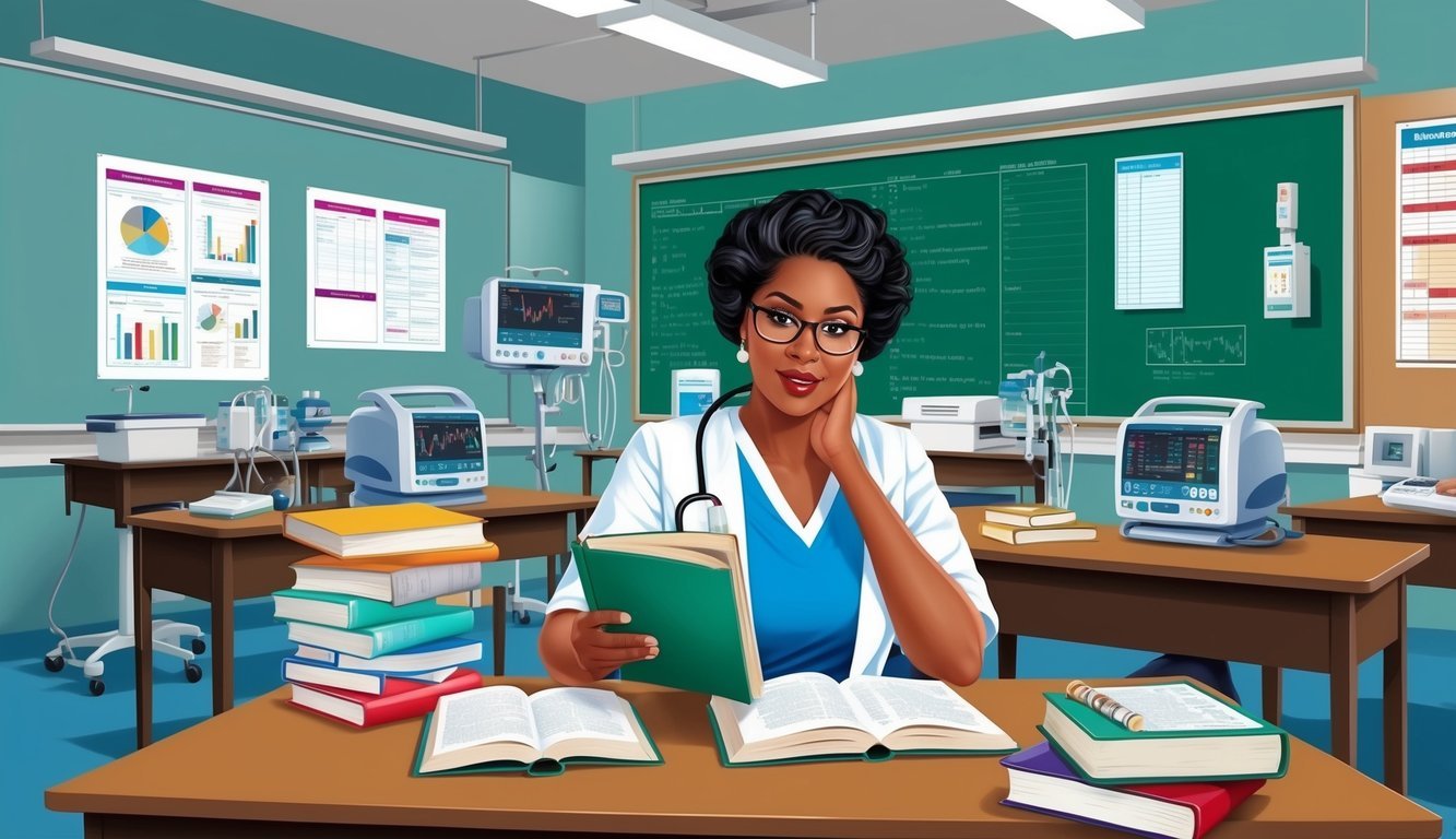 A nursing student studying textbooks surrounded by medical equipment and charts in a hospital classroom