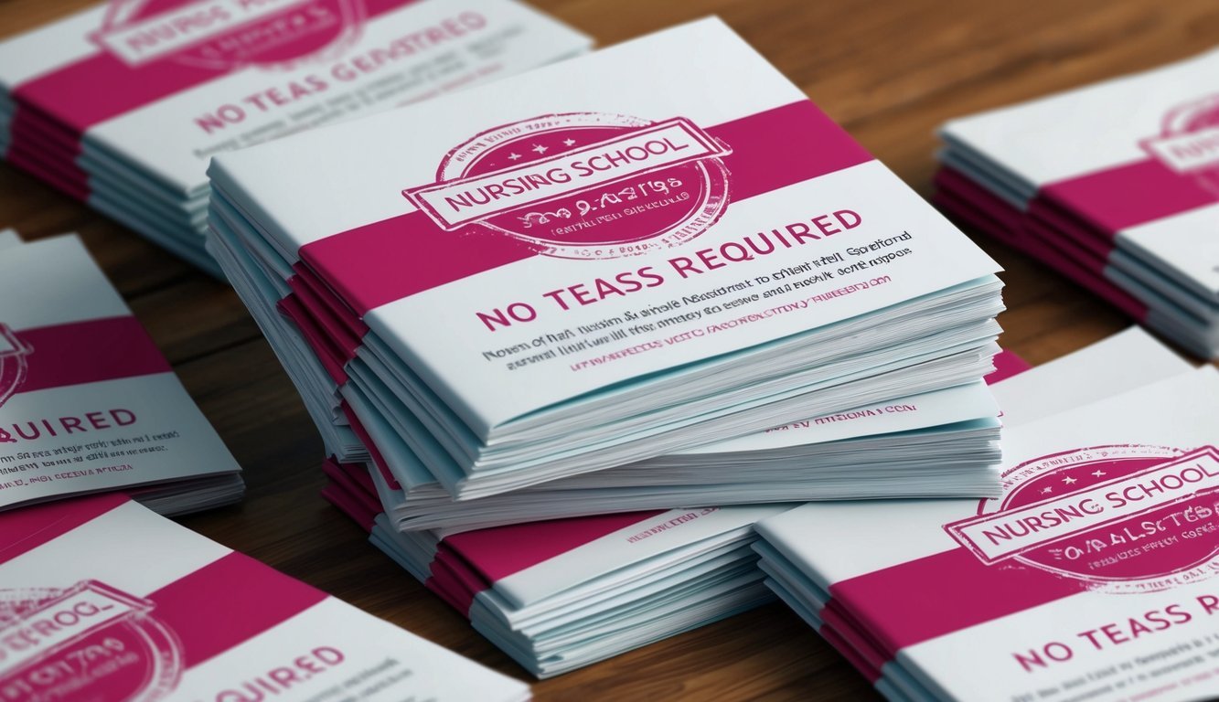 A stack of nursing school brochures with a "No TEAS required" stamp