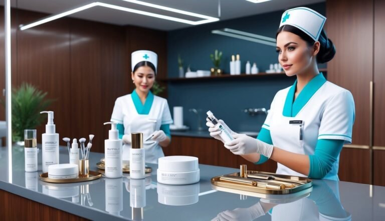 Two nurses in uniform with skincare products on a counter
