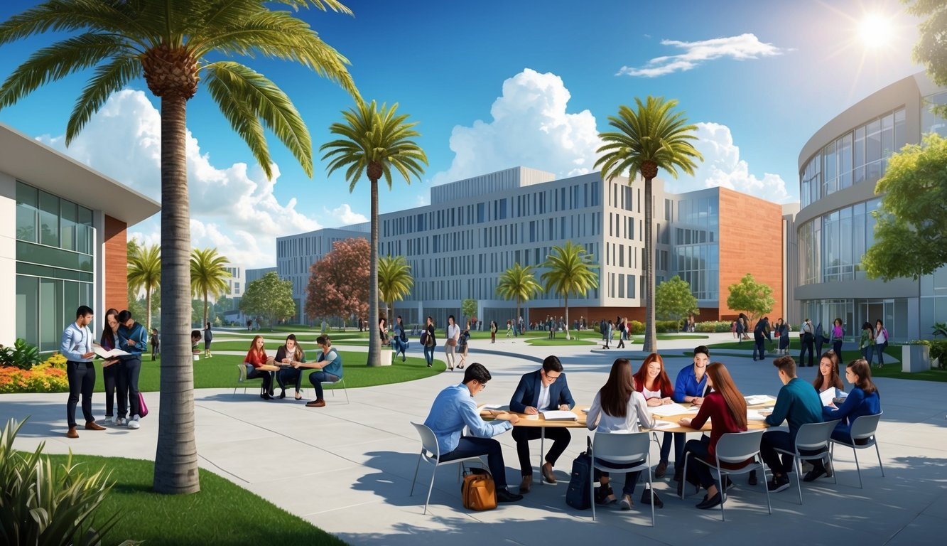 A sunny campus with palm trees and modern buildings, with students gathered in groups studying and discussing