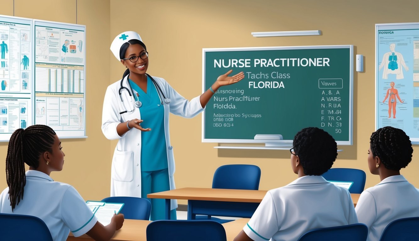 A nurse practitioner teaching a class in Florida, with medical charts and diagrams on the wall