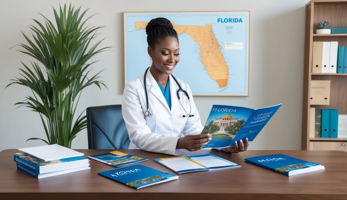 A nurse practitioner reviewing application materials with a Florida map and university brochures on a desk