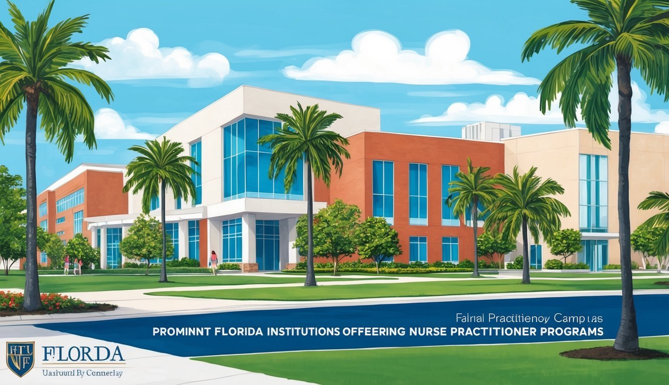 A sunny campus with palm trees and modern buildings, featuring prominent Florida institutions offering nurse practitioner programs