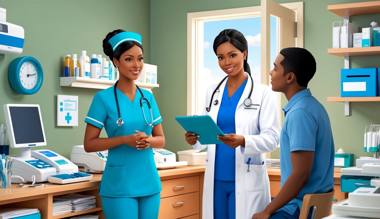 A nurse practitioner in a Florida clinic, surrounded by medical equipment and resources, discussing career outcomes with a patient